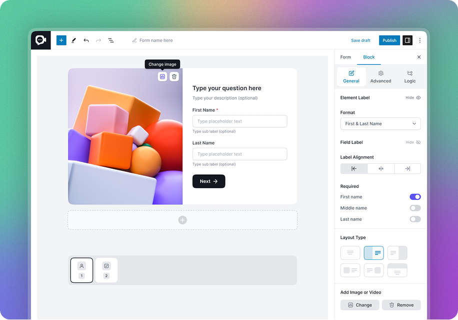FormGent conversational form builder with colorful preview and settings panel